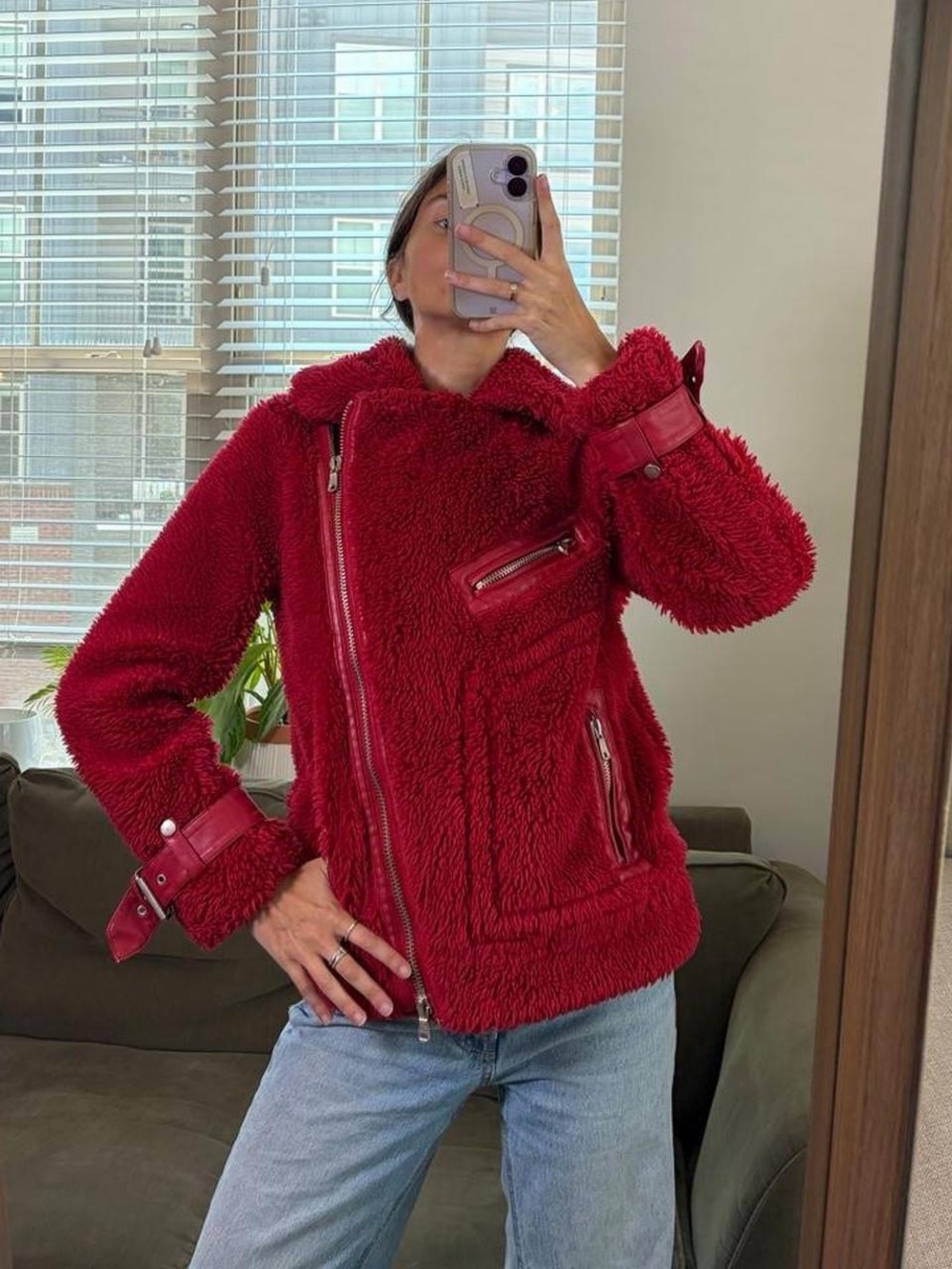 Avec les filles Faux Fur Moto Jacket in red - Picture 4 of 7